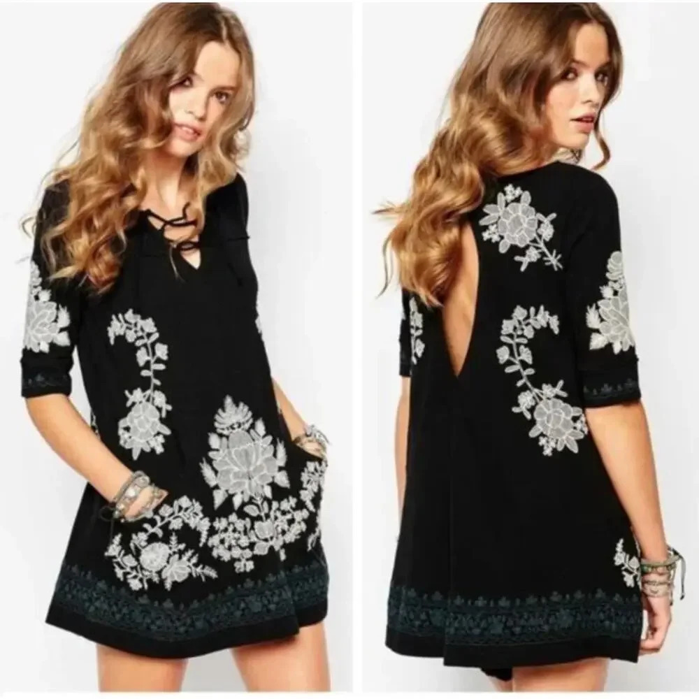 Free People Talia Tunic Dress Embroidered Floral‎ Black White Size Small Boho